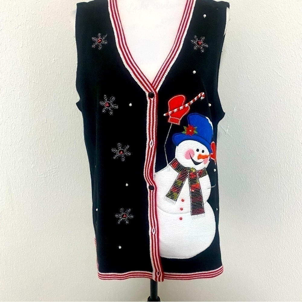 Embroidered Christmas Vest XL (16-18) Sweater Snowman Beads Button Down EUC Blk